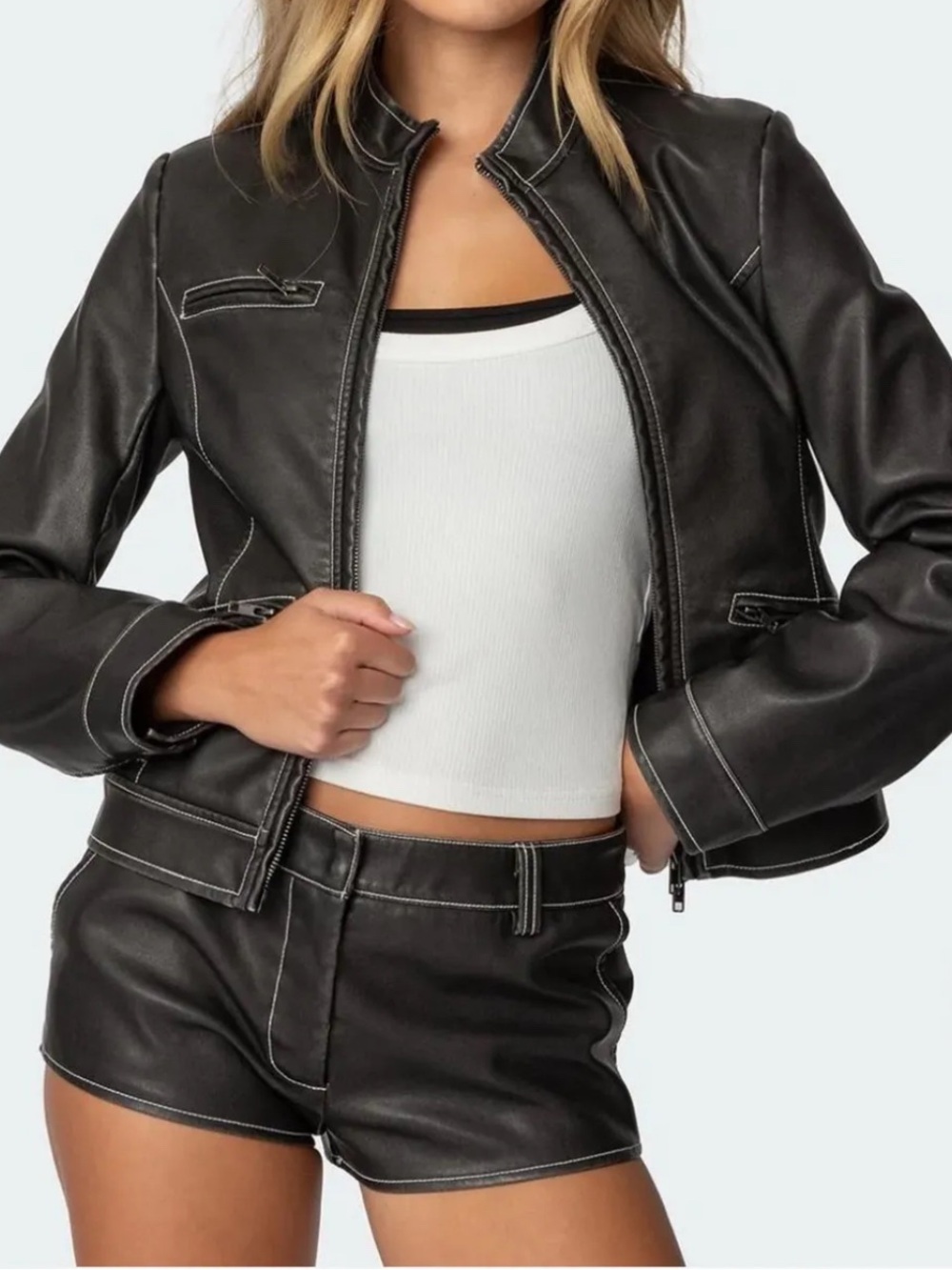 Edikted Roxie Black Leathet Jacket with Micro Shorts